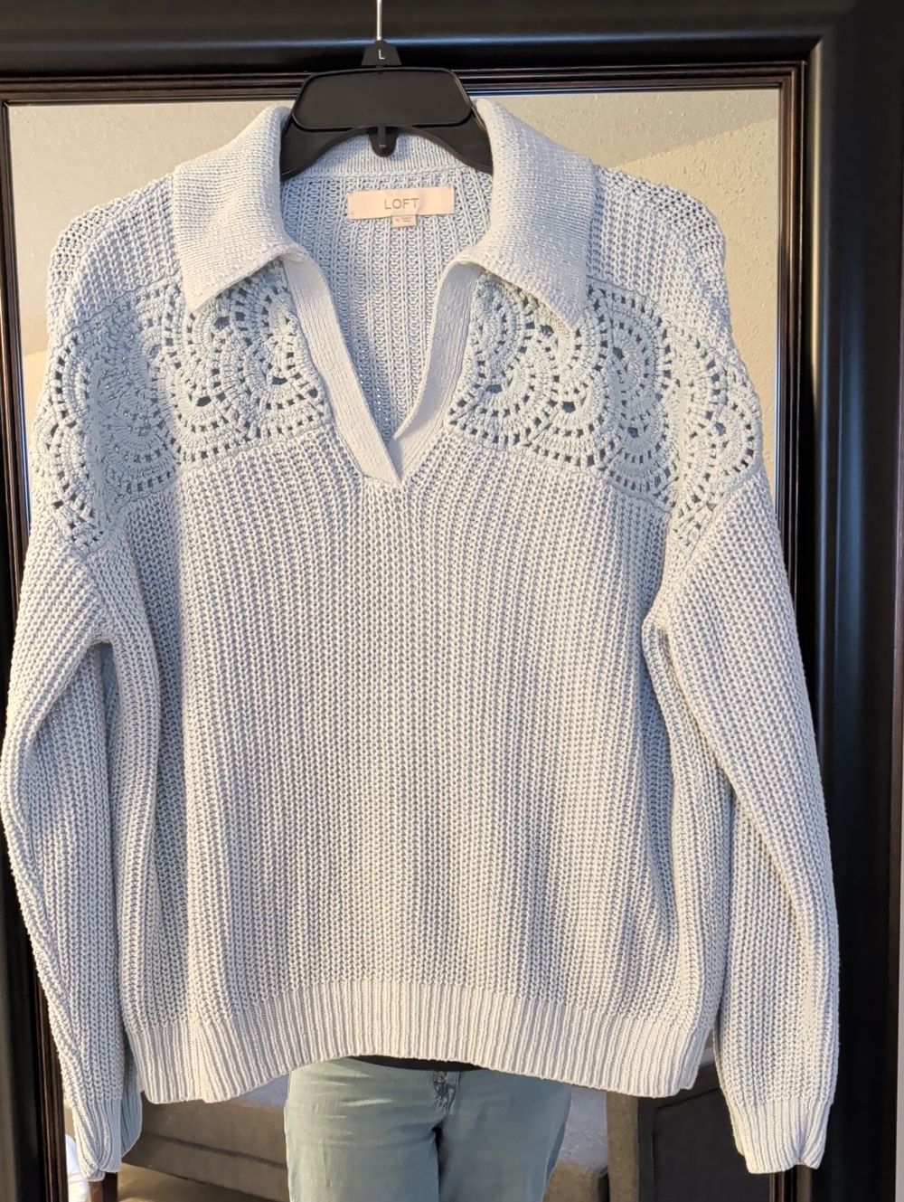 LOFT Pale Blue Crochet-Yoke V-Neck Sweater